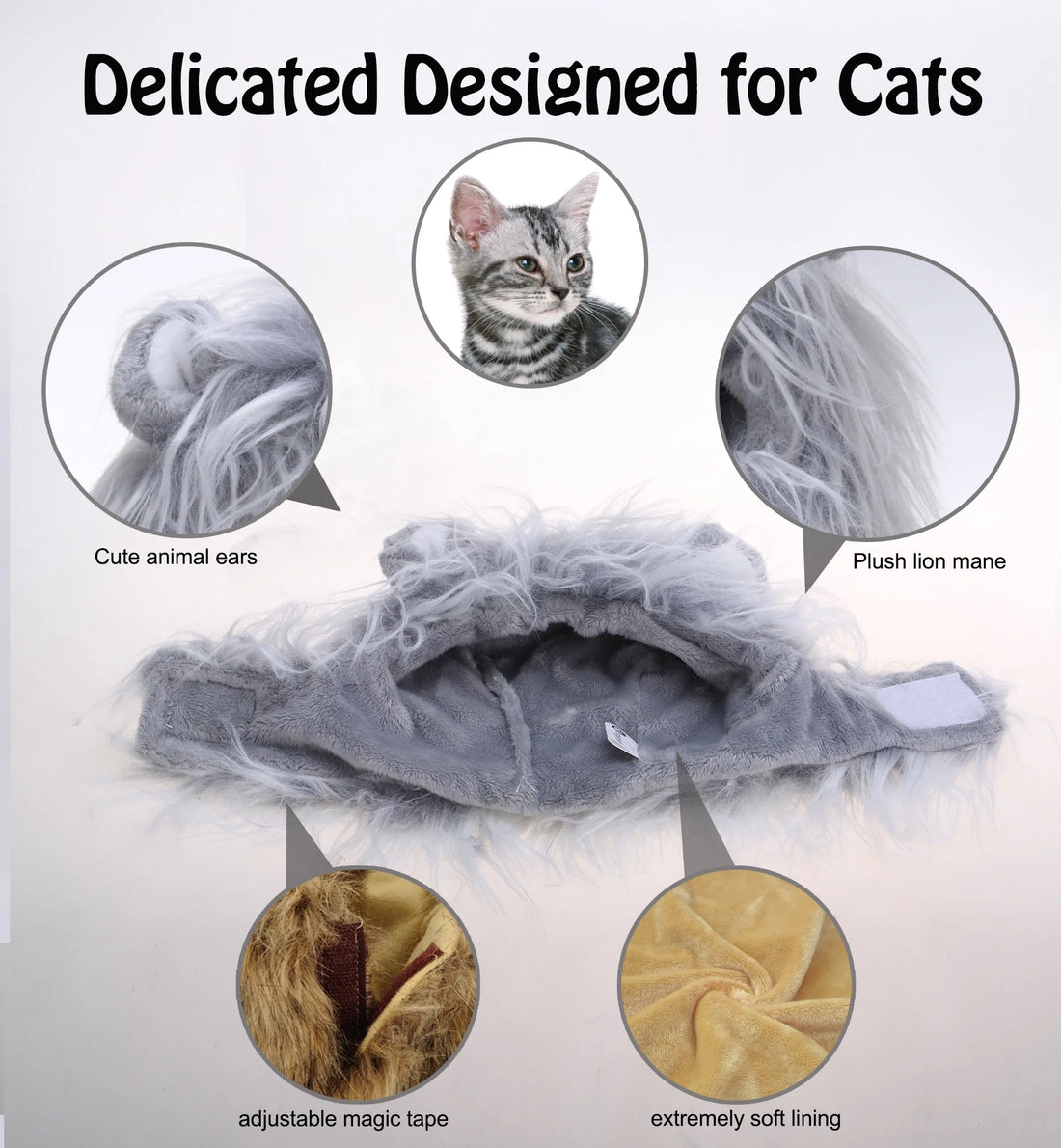 Lion Mane Wig for Cats, Funny Pet Cat Costumes for Halloween Christmas, Furry Pet Clothing Accessories (Size S, Grey)