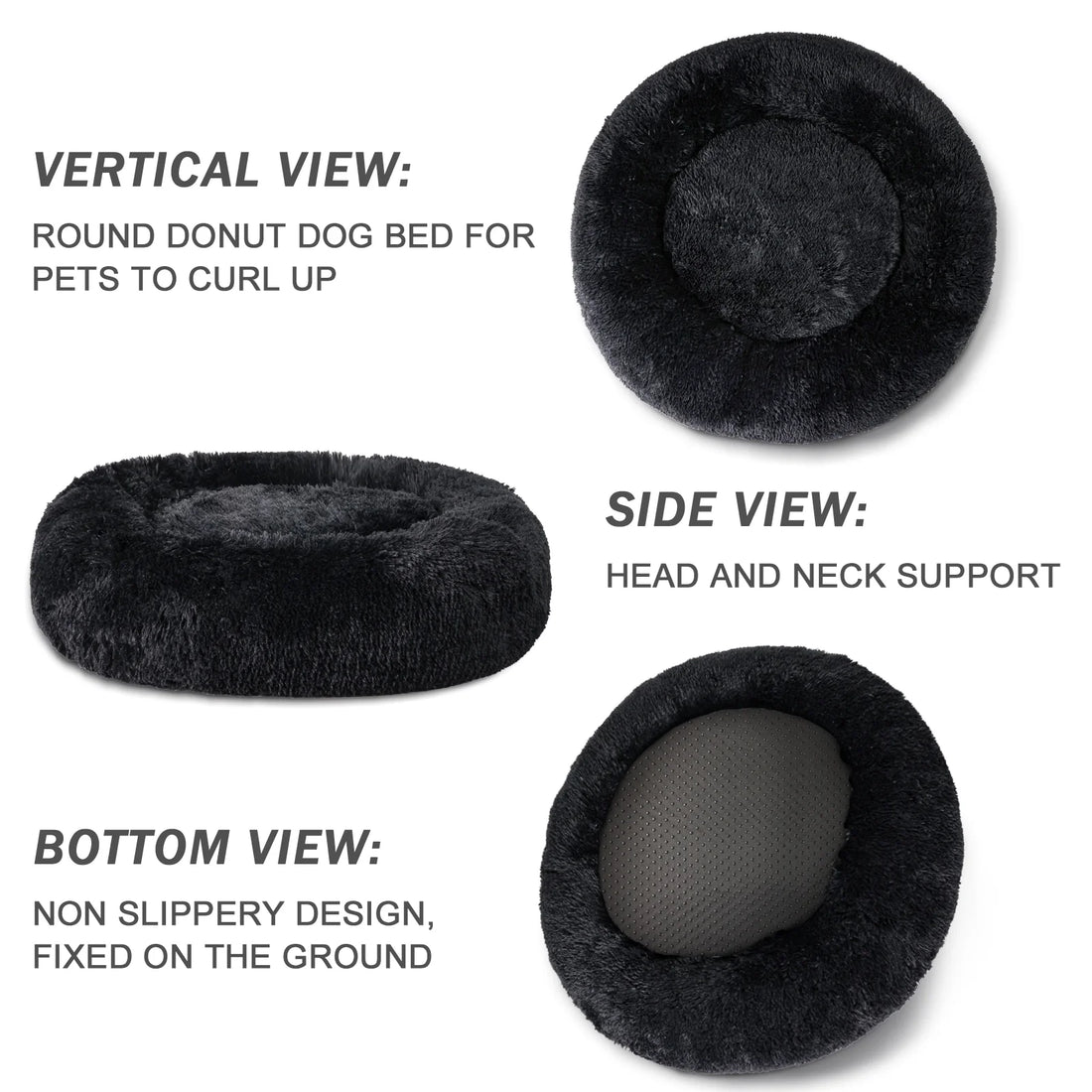 Calming Donut Pet Bed for Medium Dogs 32", Anti-Anxiety Plush Cozy Warming Dog Bed, Black