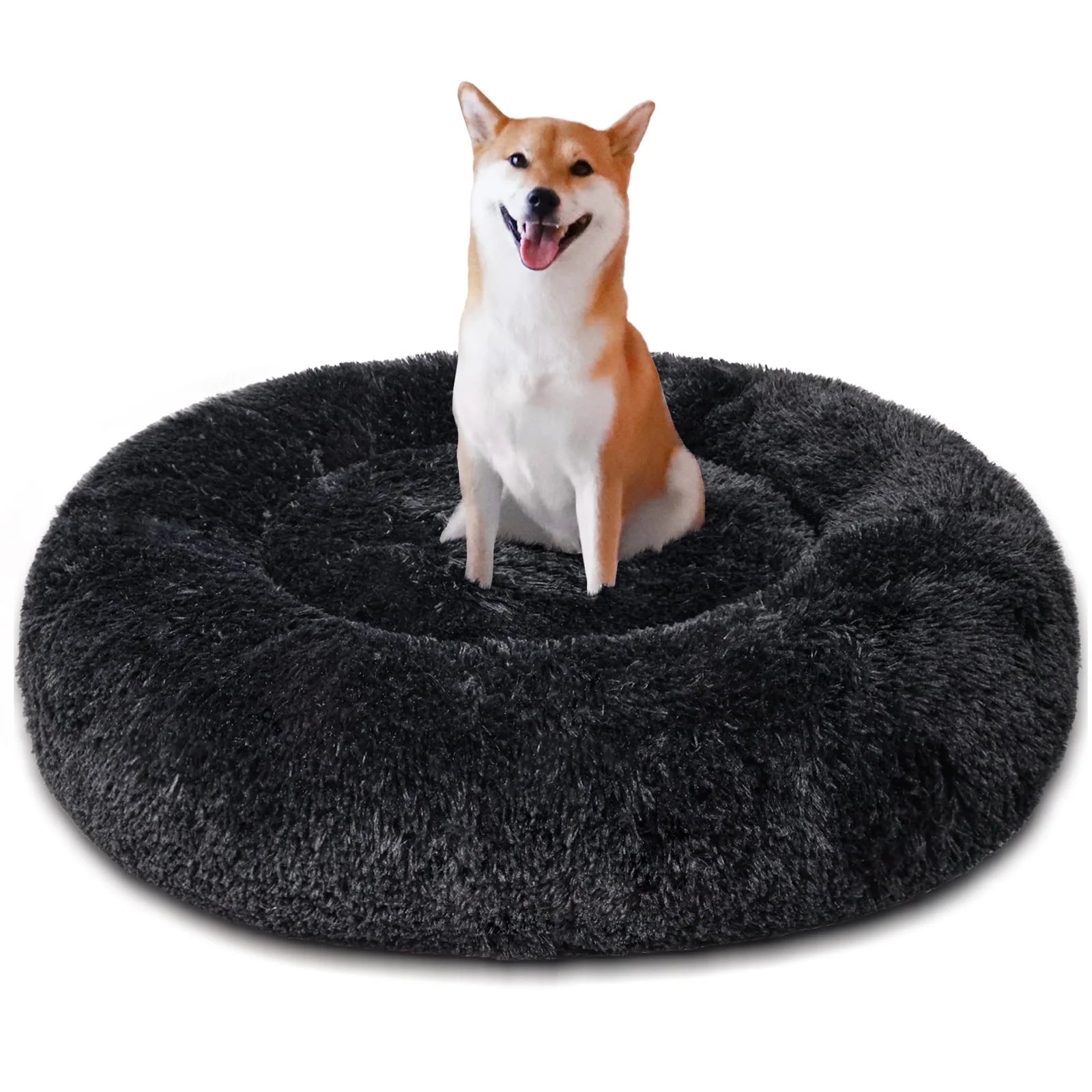 Calming Donut Pet Bed for Medium Dogs 32", Anti-Anxiety Plush Cozy Warming Dog Bed, Black