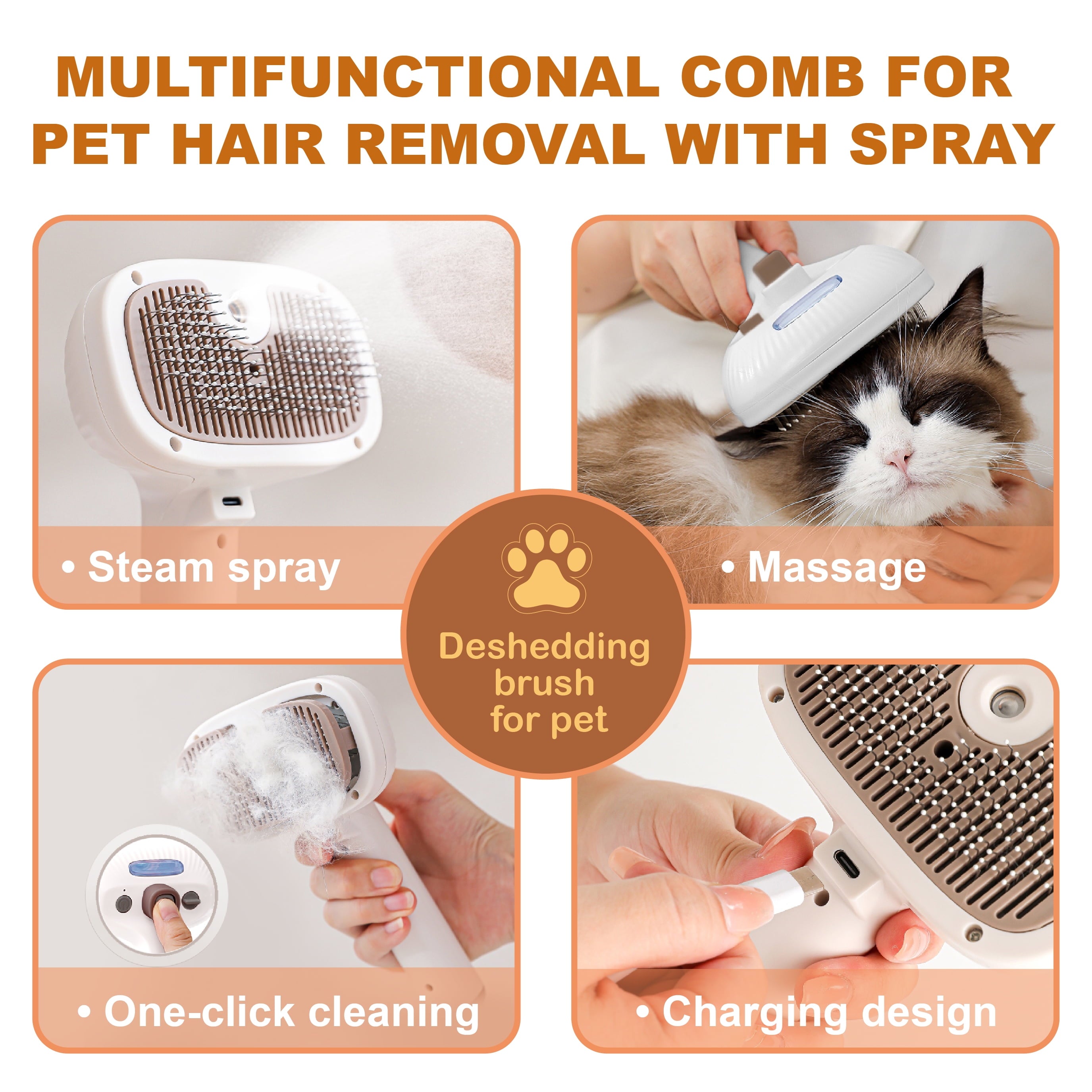 Cat Steam Brush, Dog Brush for Shedding, Pet Spray Hair Removal Comb, Pet Grooming Brush for Short & Long Haired Dogs & Cats,Spritz Defur Comb with Waterless Shampoo (White)