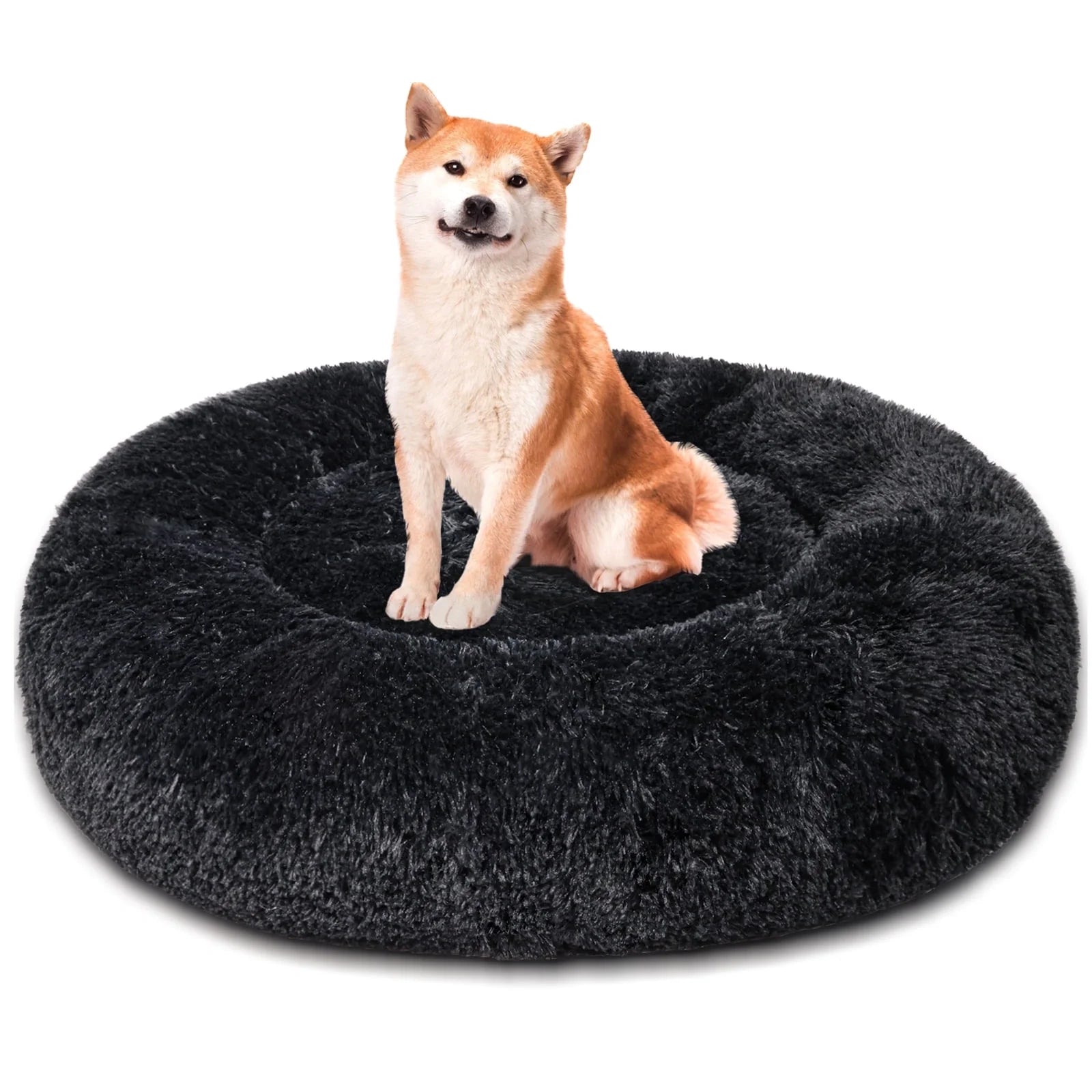 Calming Donut Pet Bed for Medium Dogs 32", Anti-Anxiety Plush Cozy Warming Dog Bed, Black