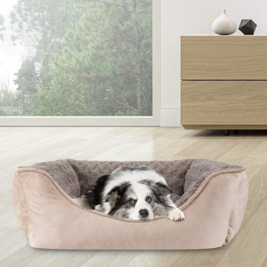 Rectangle Dog Bed for Large Medium Small Dogs - Washable Orthopedic Sofa Bed, Soft Breathable Puppy & Pet Cuddler, Durable Calming Dog Bed with Anti-Slip Bottom, Multiple Sizes, Beige