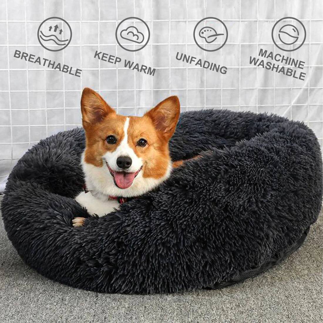 Calming Donut Pet Bed for Medium Dogs 32", Anti-Anxiety Plush Cozy Warming Dog Bed, Black