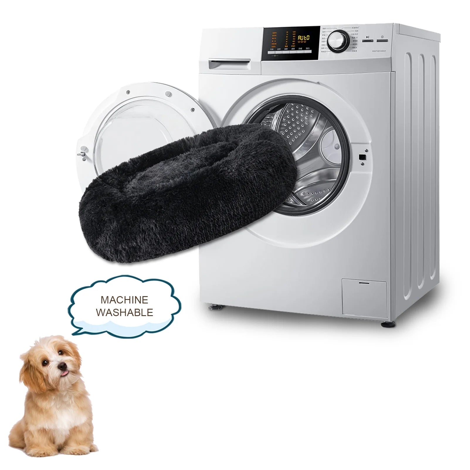 Calming Donut Pet Bed for Medium Dogs 32", Anti-Anxiety Plush Cozy Warming Dog Bed, Black