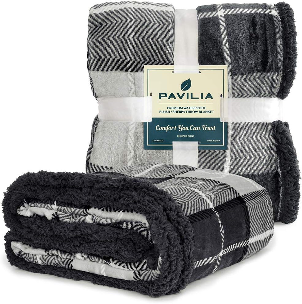 Waterproof Blanket for Couch, Sofa | Waterproof Dog Blanket for Large Dog, Puppy, Cat | Pet Blanket Protector | Plush Soft Warm Fuzzy Sherpa Blanket Bed Throw, Plaid Grey, 60X80