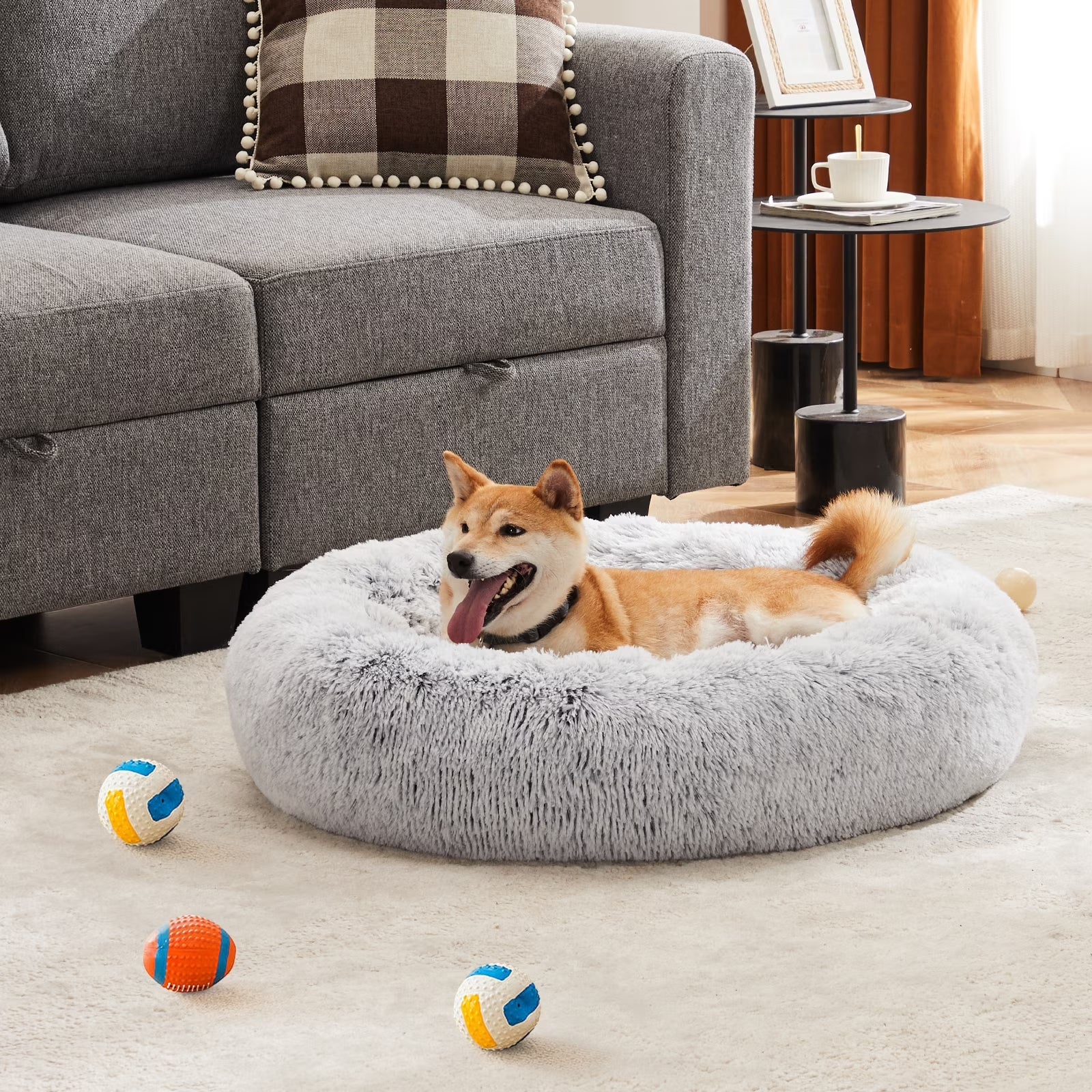 Large Calming Donut Dog & Cat Bed, 36 Inches round Fluffy Dog Beds for Dogs, Anti-Anxiety Plush Dog Bed, Machine Washable Pet Bed, Gray