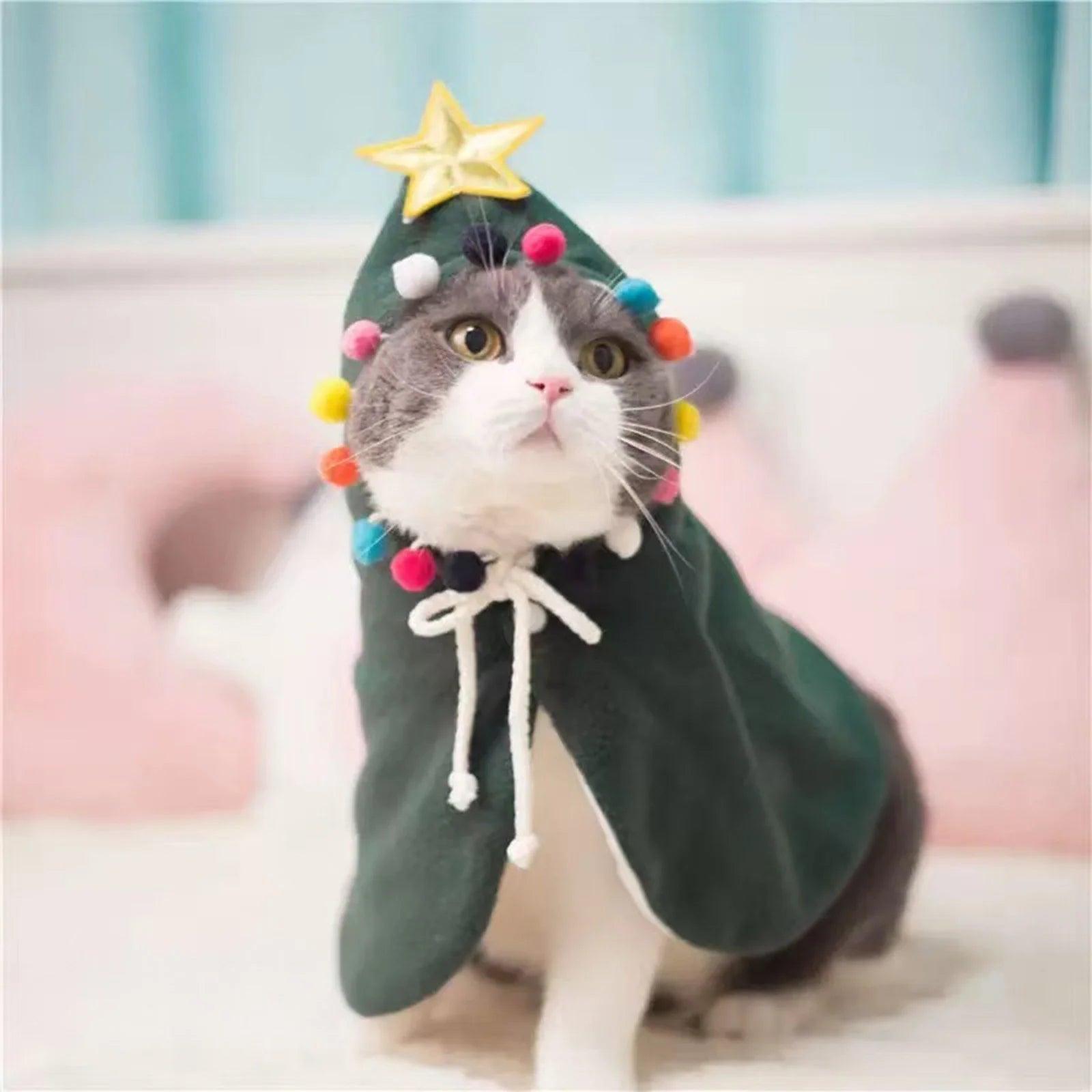 Festive Pet Christmas Tree Costume with Soft Plush Lining Adjustable Cape Holiday Party Outfit for Cats and Small Dogs