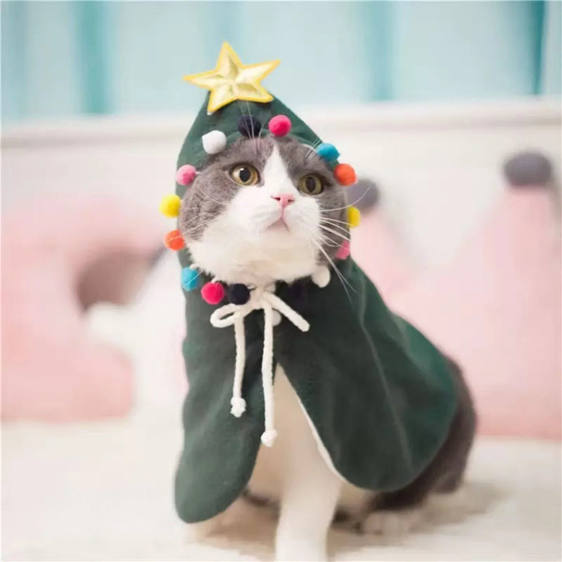 Festive Pet Christmas Tree Costume with Soft Plush Lining Adjustable Cape Holiday Party Outfit for Cats and Small Dogs
