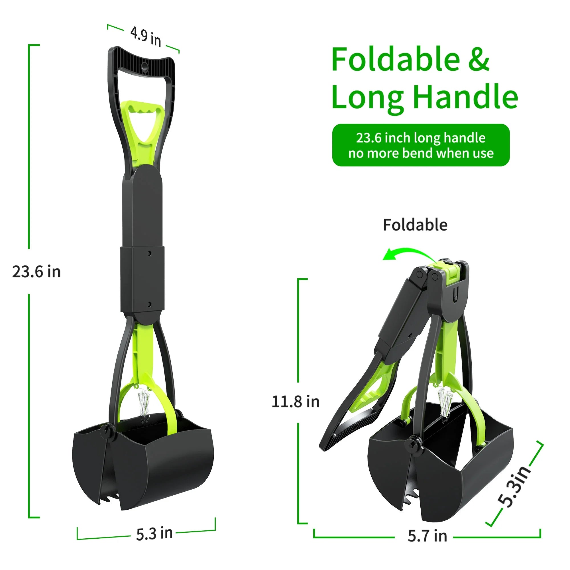 Pooper Scooper, Foldable Dog Poop Waste Pick up Shovel with Long Handle High Strength Material and Spring (Green）