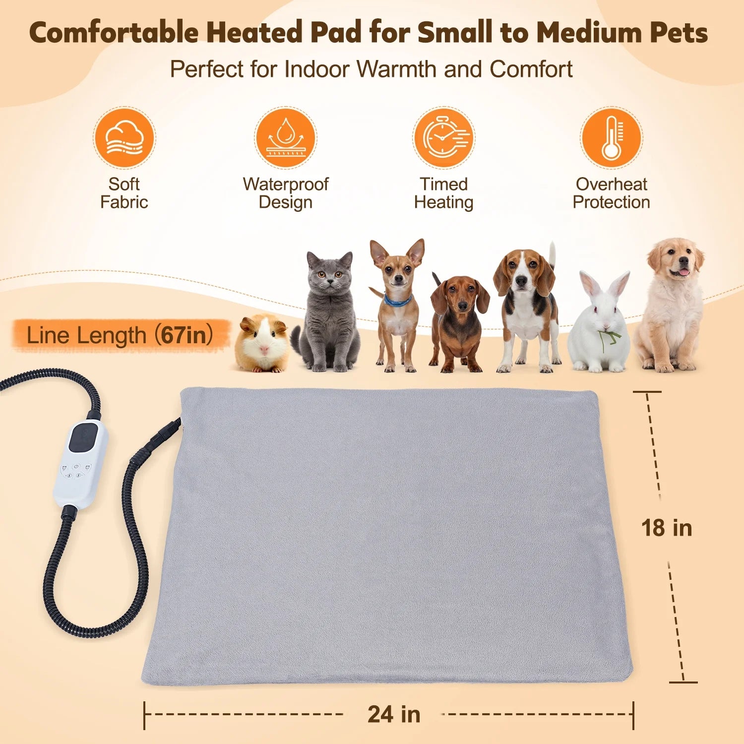 Pet Heated Pad, 24" Winter Heating Pad for Dogs Cats, 9-Level Temp Control with Timer, Safe Heated Mat Overheat Protection & Chew-Proof Cord