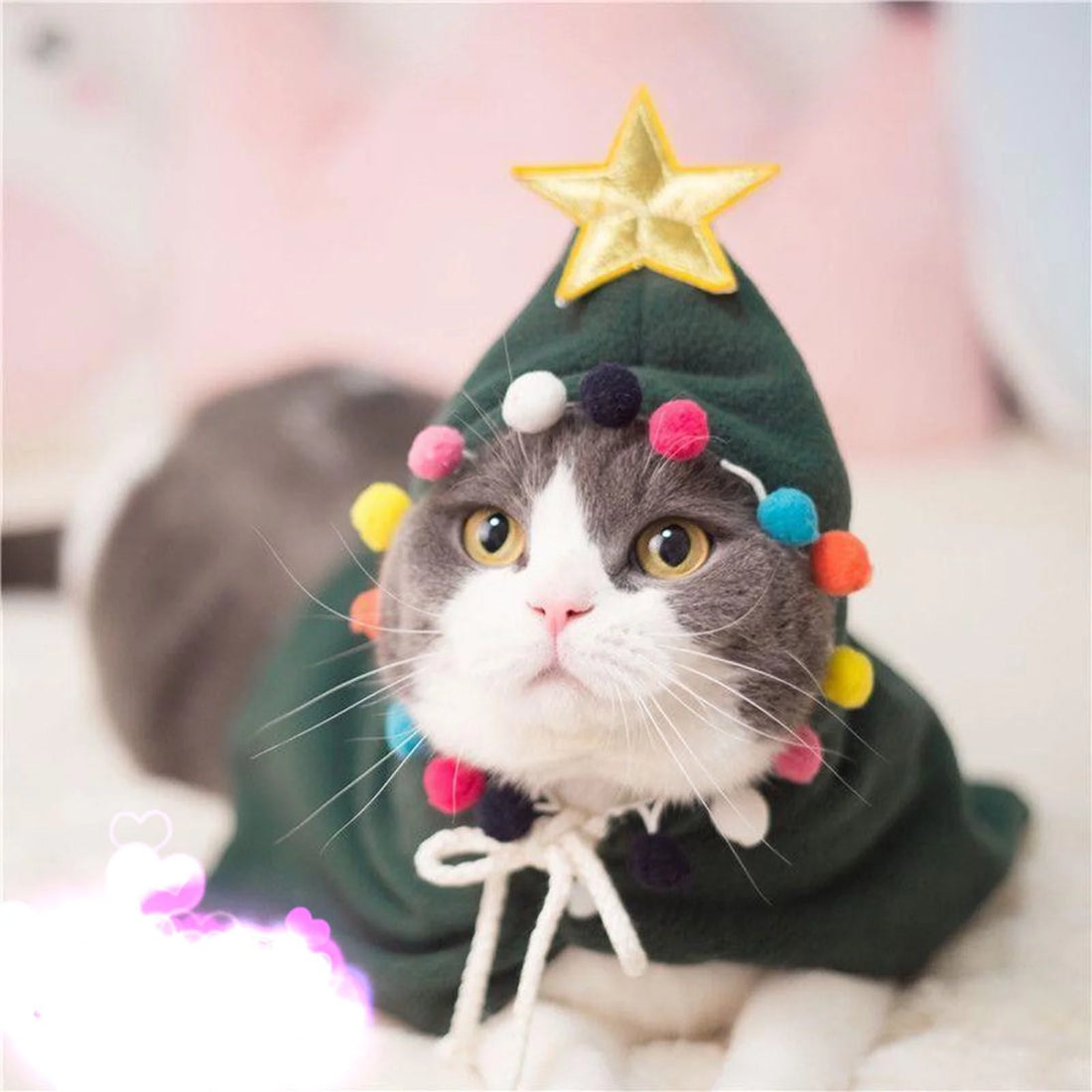 Festive Pet Christmas Tree Costume with Soft Plush Lining Adjustable Cape Holiday Party Outfit for Cats and Small Dogs