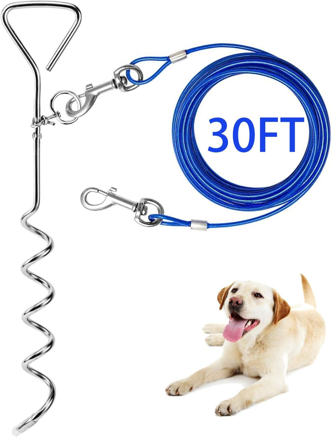 Dog Tie Out Cable and anti Rust Spiral Stake , 30Ft outside Leash&Chain for Camping and Yard, 16'' Heavy Duty for Medium-Large Dogs up to 125 Lbs (30FT, Blue)