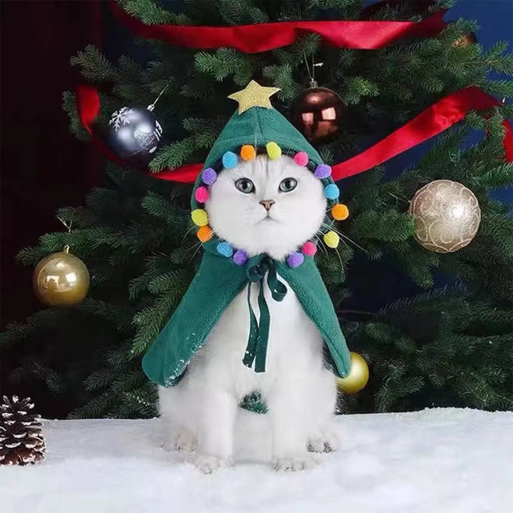 Festive Pet Christmas Tree Costume with Soft Plush Lining Adjustable Cape Holiday Party Outfit for Cats and Small Dogs