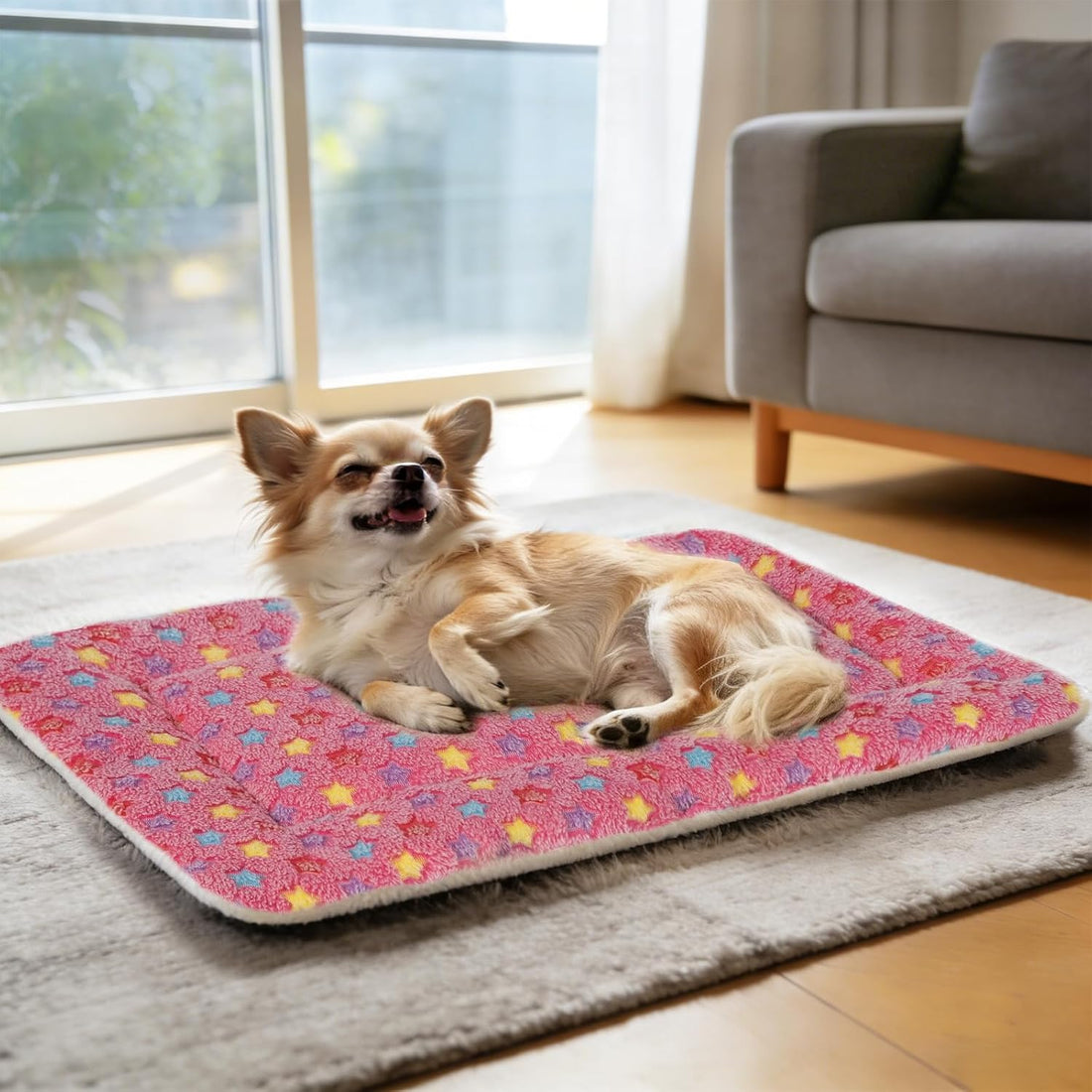 Dog Bed Crate Pad Ultra Soft Pet Bed with Cute Star Print Washable Crate Mat for Large Medium Small Dogs Reversible Fleece Dog Crate Kennel Mat Cat Bed Liner 29 X 21 Inch Pink