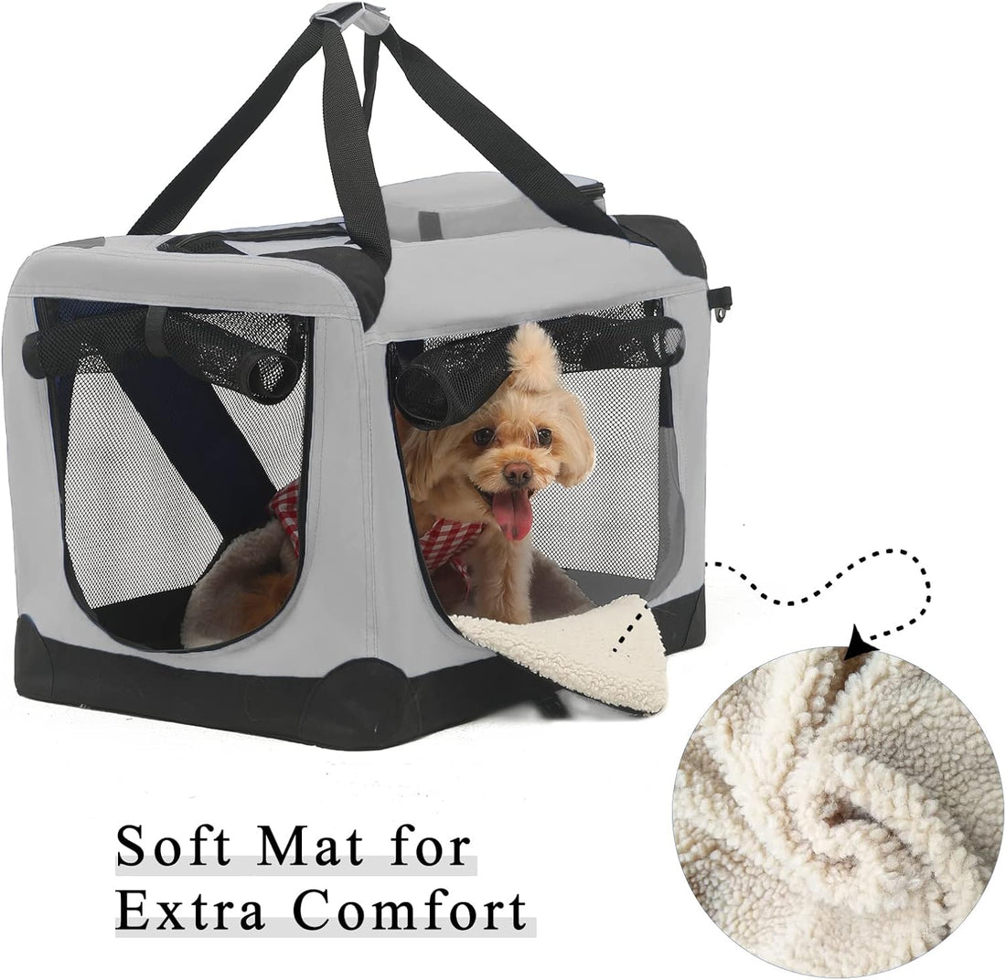 Foldable Dog Cage for Large Dogs, 3 Door Folding Dog Kennel, Durable Pet Carrier with Strong Steel Frame, Foldable Soft Sided Crate for Indoor & Outdoor Dogs, Grey L