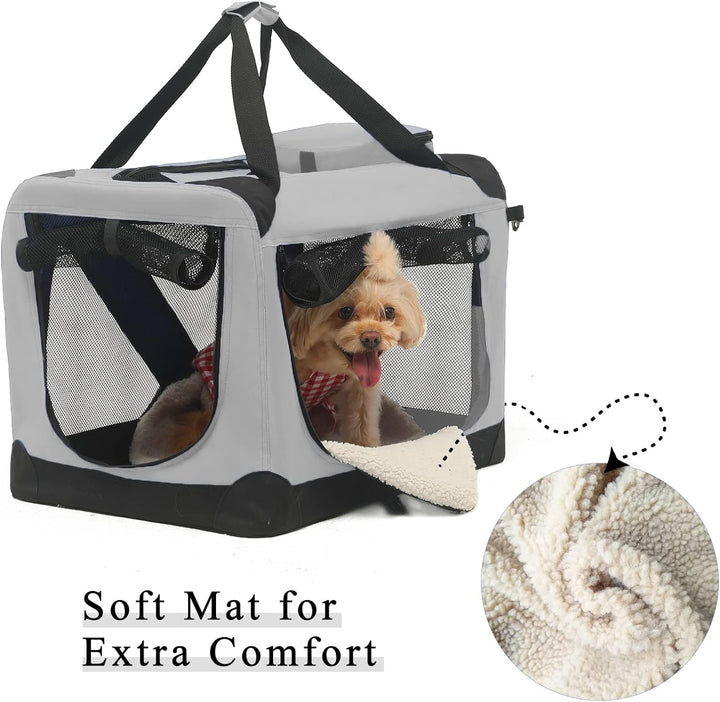 Foldable Dog Cage for Large Dogs, 3 Door Folding Dog Kennel, Durable Pet Carrier with Strong Steel Frame, Foldable Soft Sided Crate for Indoor & Outdoor Dogs, Grey L