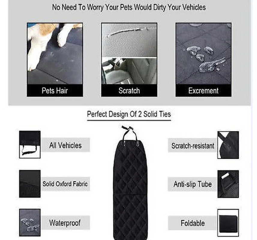 Black Waterproof Pet Front Seat Cover for Cars Nonslip Rubber Backing W/ Anchor