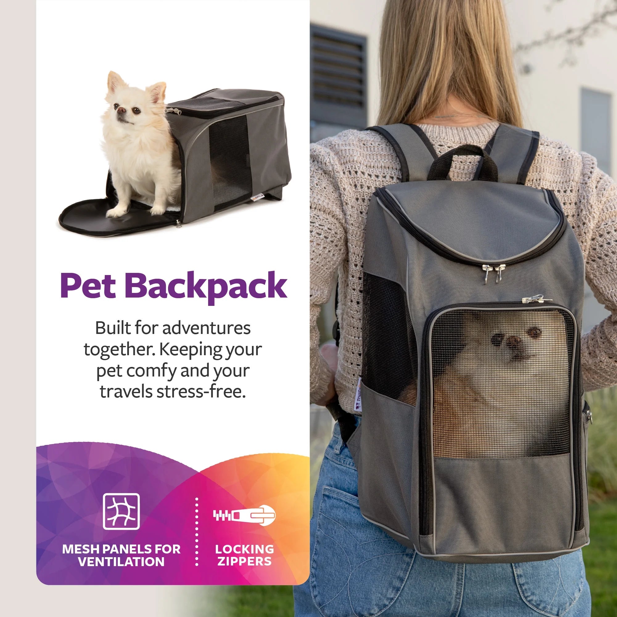 Medium Cat & Dog Travel Pet Backpack, Gray, 16 Lb Limit
