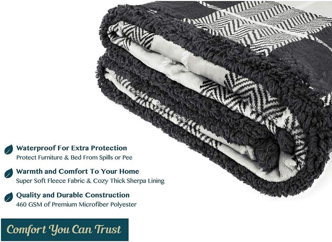 Waterproof Blanket for Couch, Sofa | Waterproof Dog Blanket for Large Dog, Puppy, Cat | Pet Blanket Protector | Plush Soft Warm Fuzzy Sherpa Blanket Bed Throw, Plaid Grey, 60X80