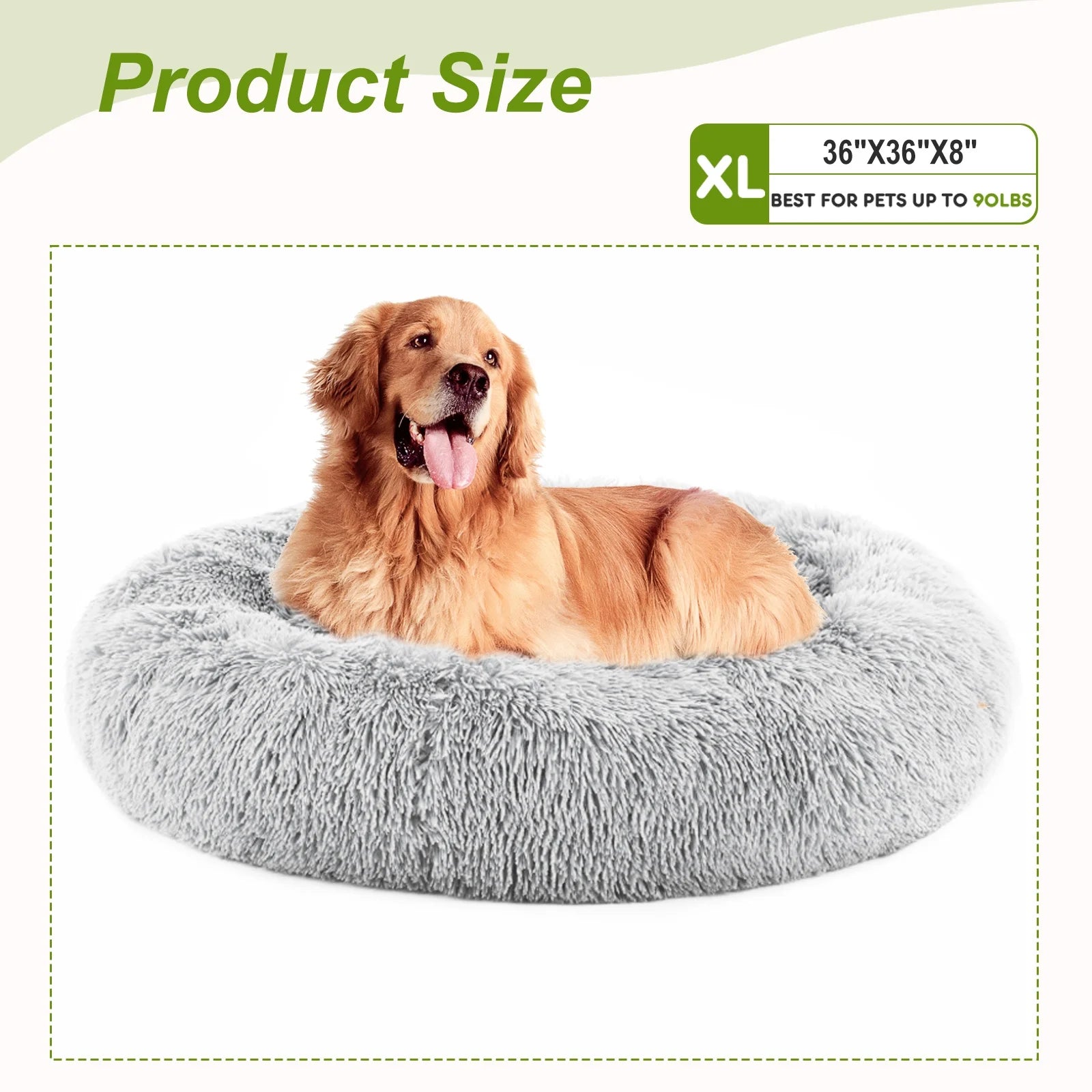 Large Calming Donut Dog & Cat Bed, 36 Inches round Fluffy Dog Beds for Dogs, Anti-Anxiety Plush Dog Bed, Machine Washable Pet Bed, Gray