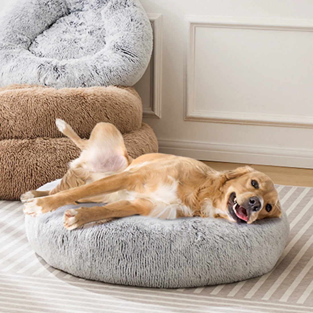 Large Calming Donut Dog & Cat Bed, 36 Inches round Fluffy Dog Beds for Dogs, Anti-Anxiety Plush Dog Bed, Machine Washable Pet Bed, Gray