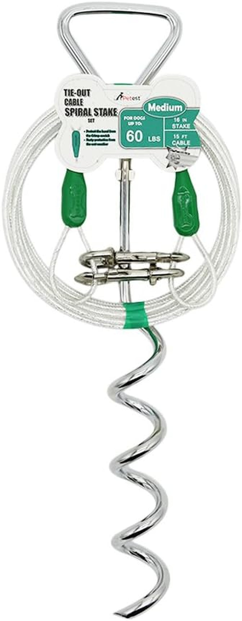 16 Inch Spiral Stake with 15Ft Reflective Tie-Out Cable for Medium Dogs up to 60 Pounds Darkgreen & Silver