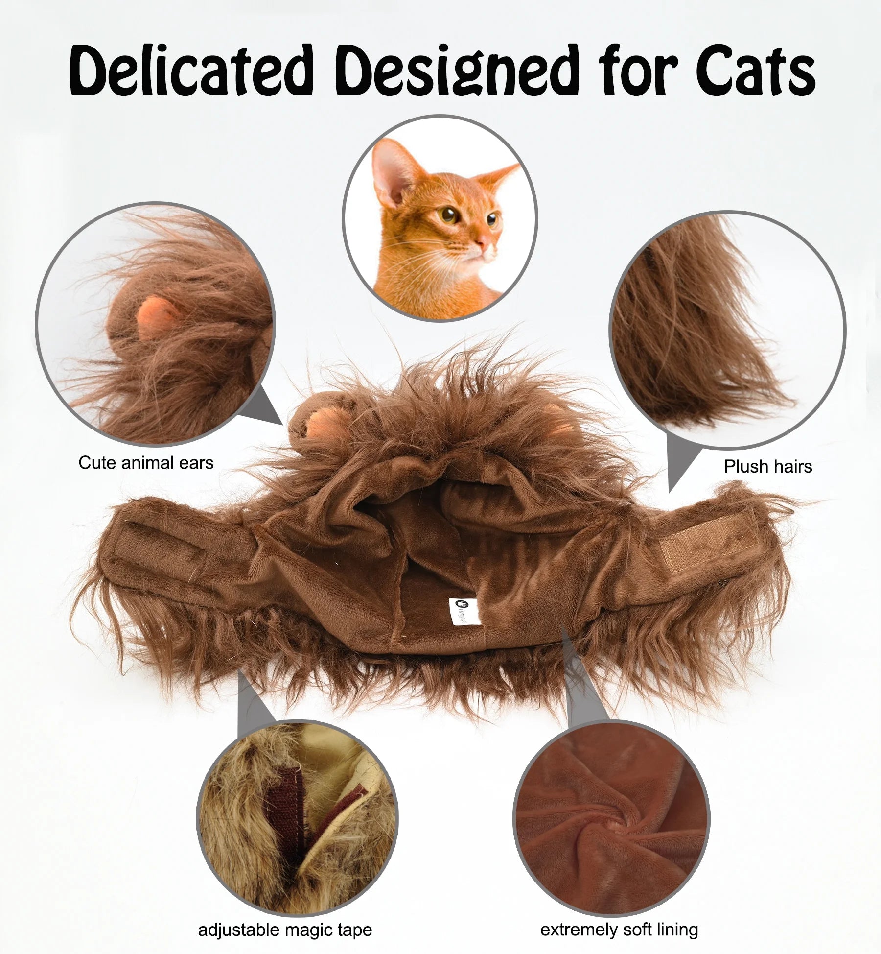 Lion Mane Wig for Cats, Funny Pet Cat Costumes for Halloween Christmas, Furry Pet Clothing Accessories (Size S, Coffee)