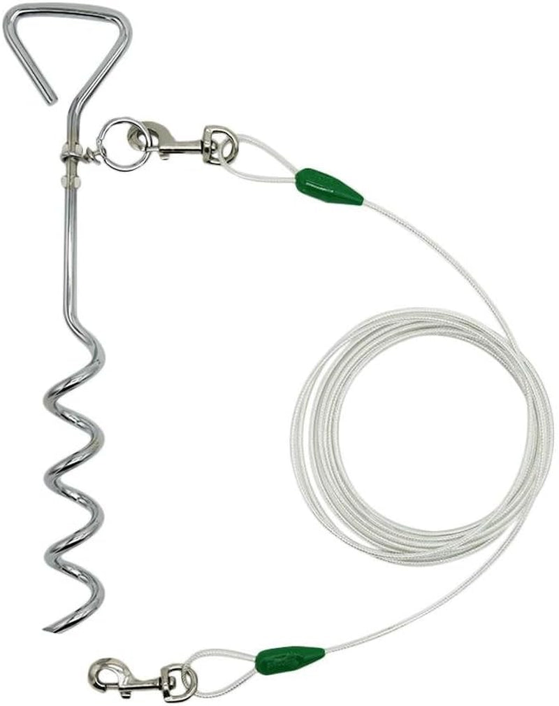 16 Inch Spiral Stake with 15Ft Reflective Tie-Out Cable for Medium Dogs up to 60 Pounds Darkgreen & Silver
