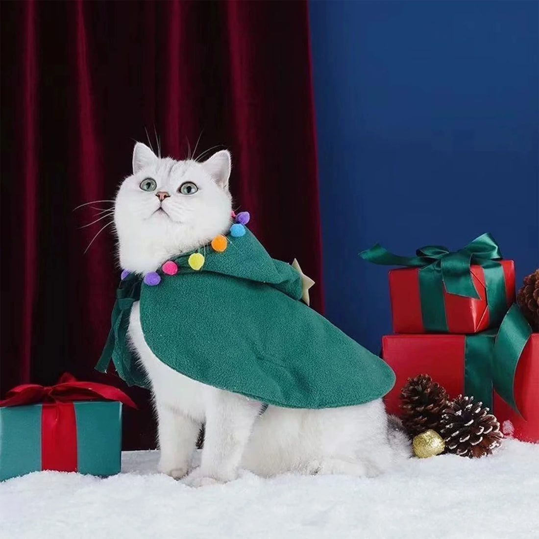 Festive Pet Christmas Tree Costume with Soft Plush Lining Adjustable Cape Holiday Party Outfit for Cats and Small Dogs
