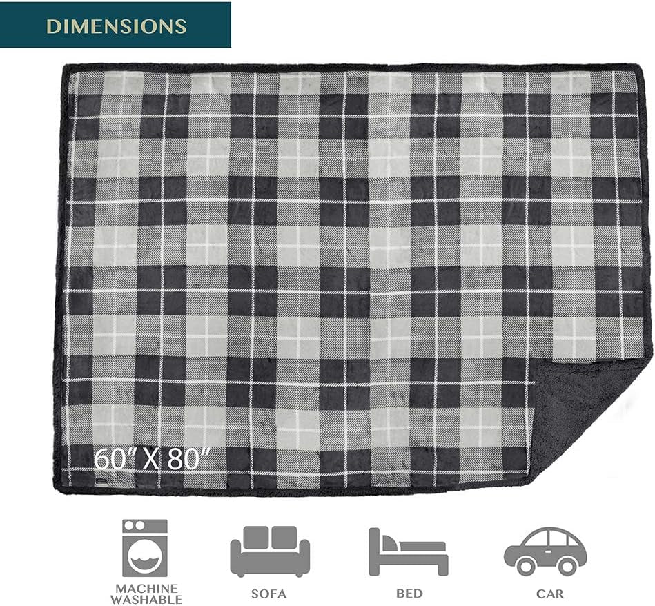 Waterproof Blanket for Couch, Sofa | Waterproof Dog Blanket for Large Dog, Puppy, Cat | Pet Blanket Protector | Plush Soft Warm Fuzzy Sherpa Blanket Bed Throw, Plaid Grey, 60X80