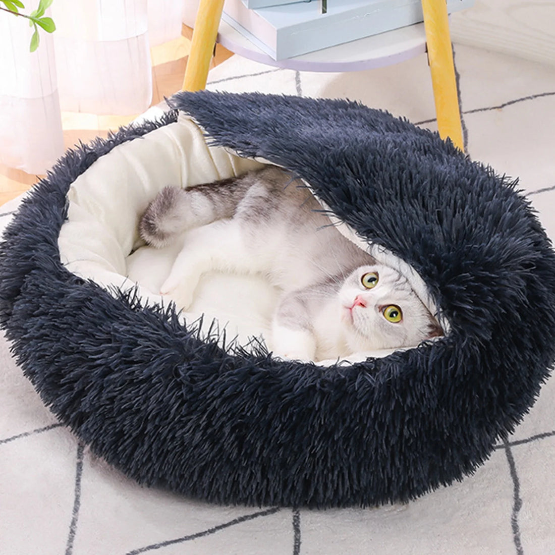 Calming Dog Beds & Cat Cave Bed with Hooded Cover,Removable Washable round Beds for Small Medium Pets,Anti-Slip Faux Fur Fluffy Coved Bed for Improved Sleep,Fits up to 11 Lbs