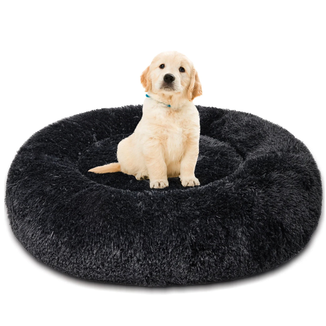 Calming Donut Pet Bed for Medium Dogs 32", Anti-Anxiety Plush Cozy Warming Dog Bed, Black