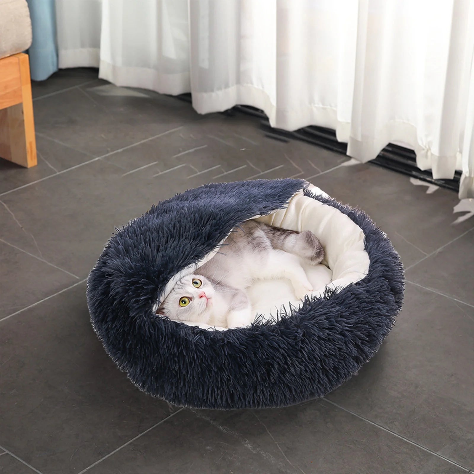 Calming Dog Beds & Cat Cave Bed with Hooded Cover,Removable Washable round Beds for Small Medium Pets,Anti-Slip Faux Fur Fluffy Coved Bed for Improved Sleep,Fits up to 11 Lbs
